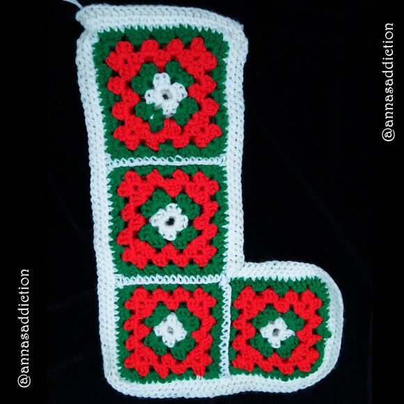Vintage 15" Handmade Crocheted Granny Square Christmas Stocking Red Green - Picture 1 of 5
